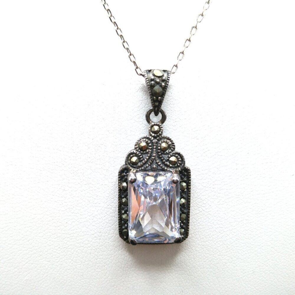 ATI 925 Sterling Marcasite Necklace Emerald Cut Crystal Pendant Vintage